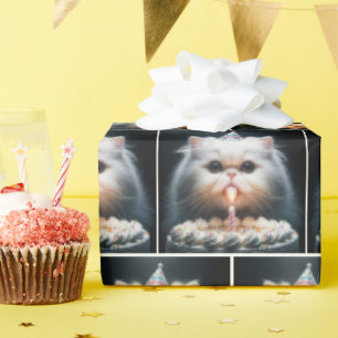 Papel De Presente Gato Persa com Bolo de Aniversário