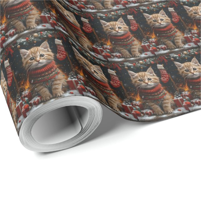 Papel De Presente Gato Persa com Lareira de presentes de Natal (Ponta do rolo)