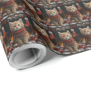 Papel De Presente Gato Persa com Presentes de Natal Lareira