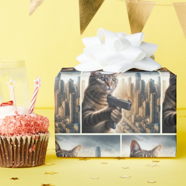 Papel De Presente Gato Persa com uma Arma (Festa de aniversário)