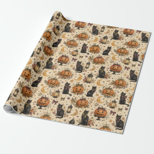 Papel de Presente Gato Preto Abóbora Vintage Hallo