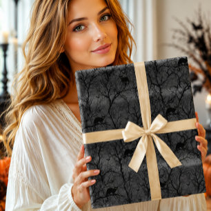 Papel De Presente Gato Preto Assombrado Floresta Assustadora Hallowe