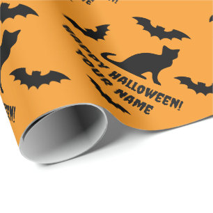 Papel De Presente Gato preto assustador e morcegos personalizados pa