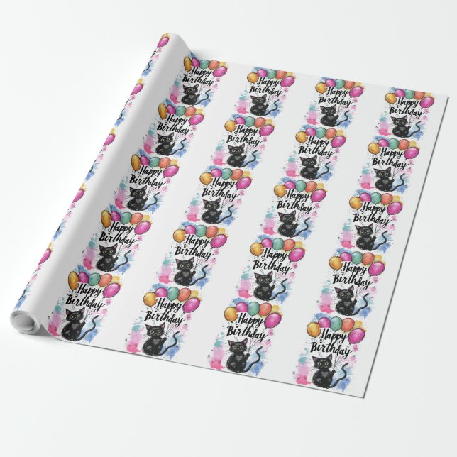 Papel De Presente Gato Preto com Balões (Desenrolado)