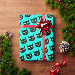 Papel De Presente Gato preto com olhos verdes em azul-turquesa