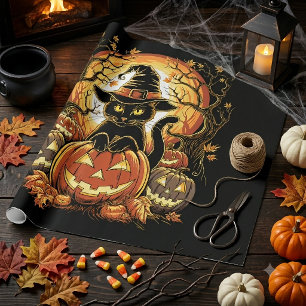 Papel De Presente Gato Preto de Abóbora de Halloween Bruxa Gato Assu