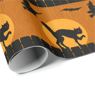 Papel De Presente Gato Preto de Halloween Vintage, Silhueta da Lua d