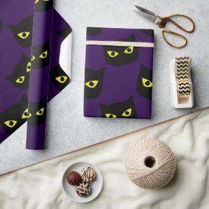 Papel De Presente Gato preto e roxo olhos amarelos padrão de Hallowe