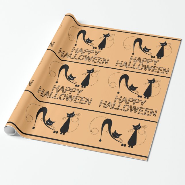 Papel De Presente Gato Preto Elegante, Feliz Halloween (Desenrolado)