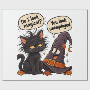 Papel De Presente Gato Preto Engraçado Chapéu de Bruxa Halloween Sar