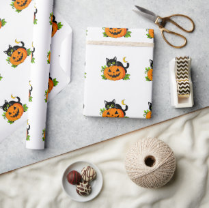 Papel De Presente Gato Preto Fofo no Abóbora de Halloween Jack-O'-La