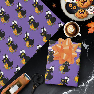 Papel De Presente Gato Preto Fofo Roxo Assustador Abóbora de Hallowe