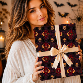 Papel De Presente Gato Preto Gótico Caveira Lua Crescente Damask