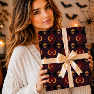Papel De Presente Gato Preto Gótico Caveira Lua Crescente Damask