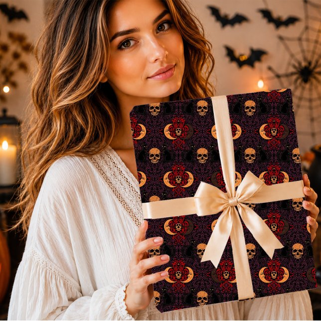 Papel De Presente Gato Preto Gótico Caveira Lua Crescente Damask (Criador carregado)