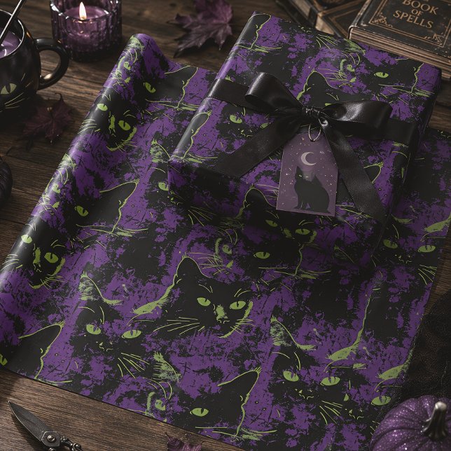 Papel De Presente Gato Preto Halloween Purple Gothic (Criador carregado)