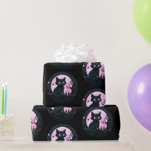 Papel De Presente Gato Preto Lua Cheia Rosa Celestial Preto Hallowee