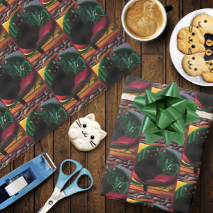 Papel De Presente Gato Preto Místico Esmeralda Verde Dragão Fantasia