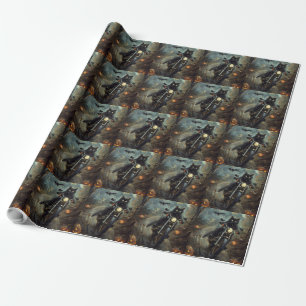 Papel De Presente Gato Preto Pilotando Moto Halloween Assustador