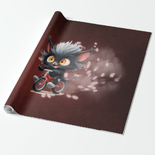 Papel De Presente Gato Preto Repleto na Bicicleta Vermelha