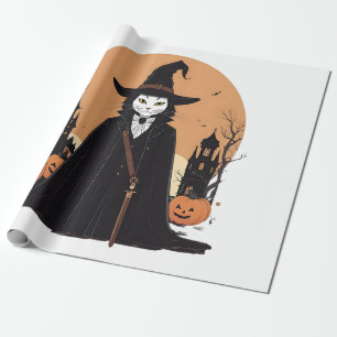 Papel De Presente Gato Preto Salem Místico com Pumpkins