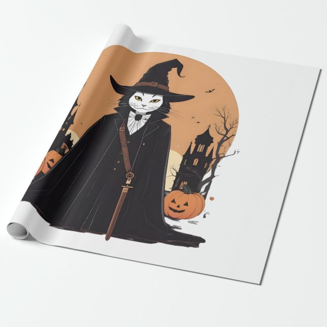 Papel De Presente Gato Preto Salem Místico com Pumpkins (Desenrolado)