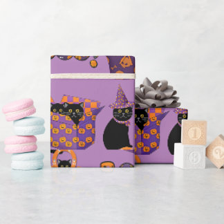 Papel De Presente Gato Roxo e Preto / Arte de Boo de Halloween ou