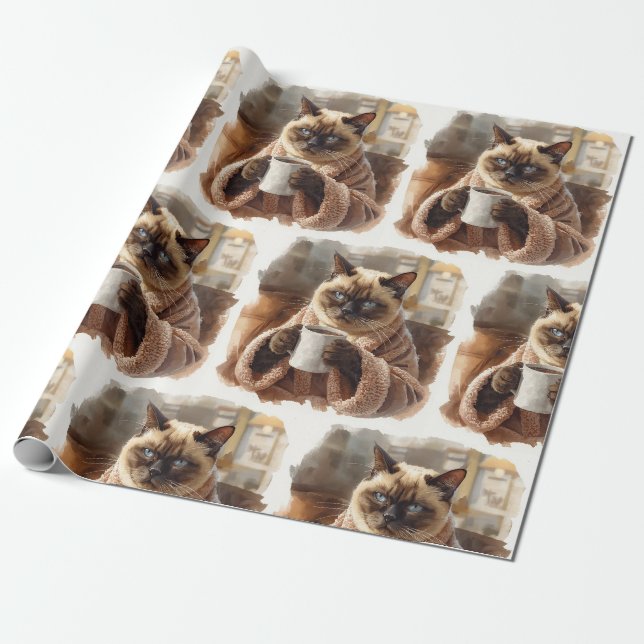Papel De Presente gato siamês bebe café (Desenrolado)