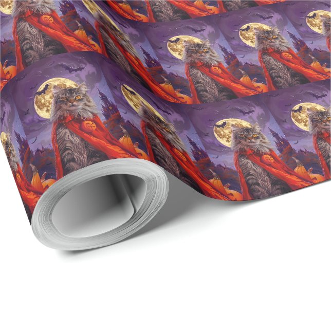 Papel De Presente Gato Siberiano de Halloween Abóboras Assustadoras  (Ponta do rolo)