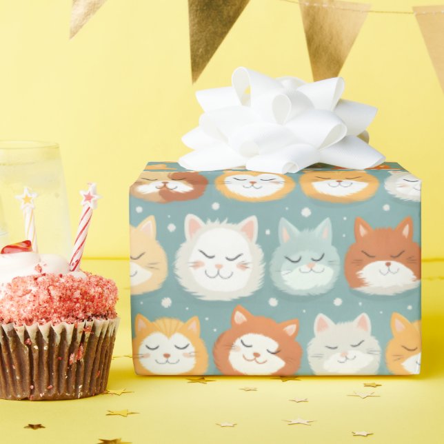 Papel De Presente Gato Sonolento Cabeças (Festa de aniversário)