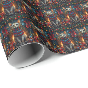 Papel De Presente Gato Sphynx com Presentes de Natal Lareira