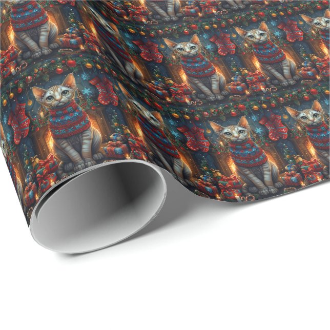 Papel De Presente Gato Sphynx com Presentes de Natal Lareira (Ponta do rolo)