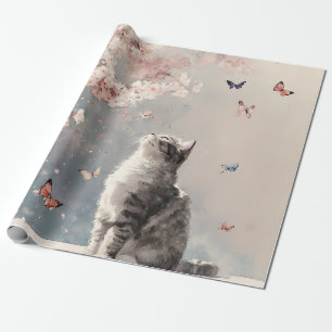 Papel De Presente Gato Tabby Cinza - Flores de Cerejeira & Borboleta