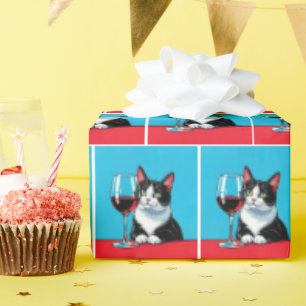 Papel De Presente Gato Tuxedo Com Copo de Vinho Tinto