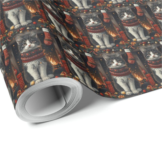 Papel De Presente Gato Tuxedo com Presentes de Natal Lareira (Ponta do rolo)