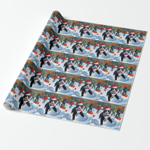 Papel De Presente Gato Tuxedo Correndo na Neve com Chapéu de Natal