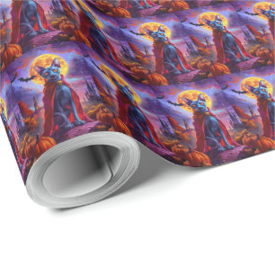 Papel De Presente Gato Vampiro Abóboras Assustadoras Halloween Azul 