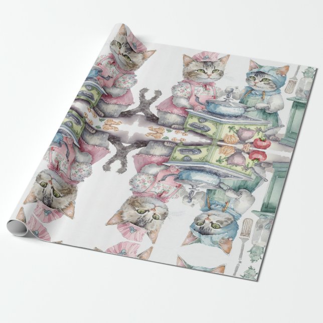 Papel De Presente Gatos adoráveis na cozinha (Desenrolado)