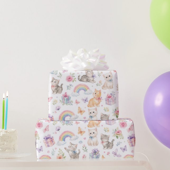 Papel De Presente Gatos Aquarela Arco-íris Flores Borboletas (Presentes para festas)