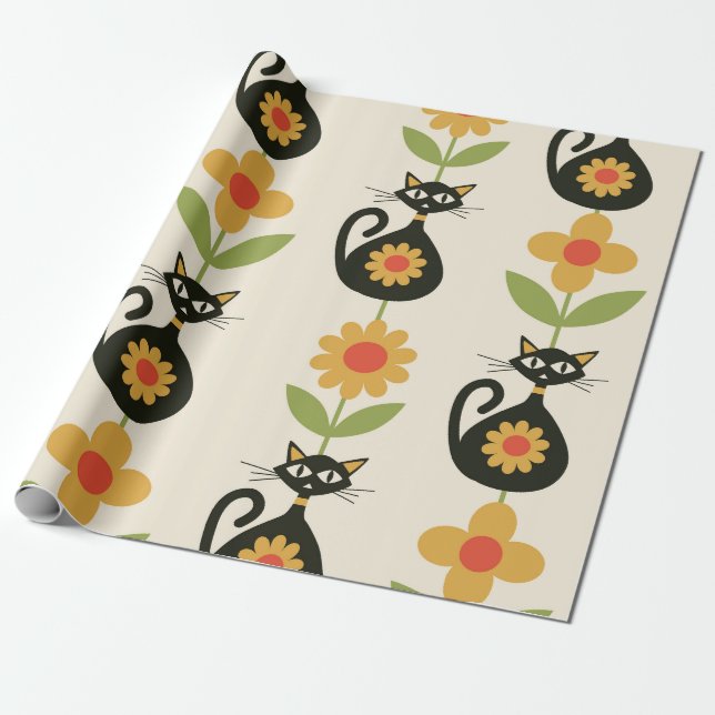 Papel De Presente Gatos Atômicos de Meados do Século com Flores Lara (Desenrolado)