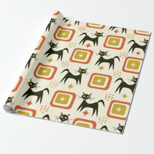 Papel De Presente Gatos Atômicos Pretos de Meados do Século com Quad