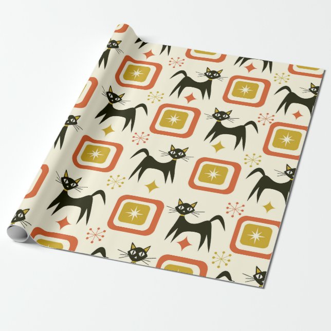 Papel De Presente Gatos Atômicos Pretos de Meados do Século com Quad (Desenrolado)