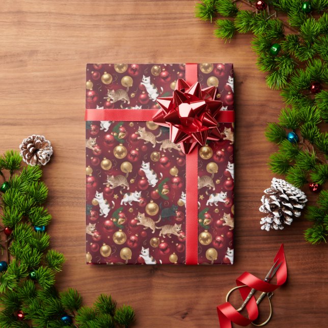 Papel De Presente Gatos brincalhões com enfeites de Natal brilhantes (Presente de Natal)