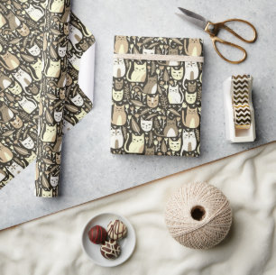 Papel De Presente Gatos Cachorro Padrão Botânico Floral Neutral Pres