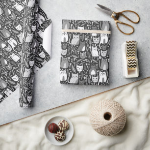 Papel De Presente Gatos Cachorros Cinzas Botânicas Padrão Foral Bran