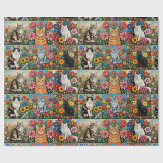 Papel De Presente Gatos Caprichosos Fofos e Flores de Arte Folclóric