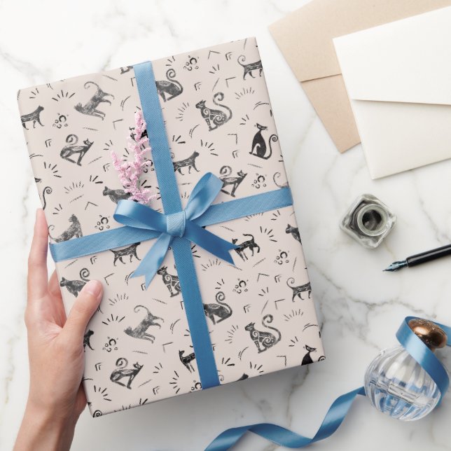 Papel De Presente Gatos de Arte Rupestre em Bege (Presentear)