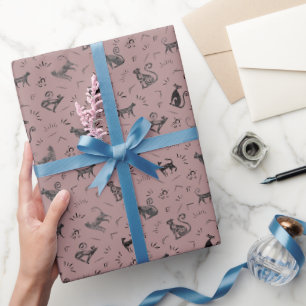Papel De Presente Gatos de Arte Rupestre em Cinza Pó Rosa