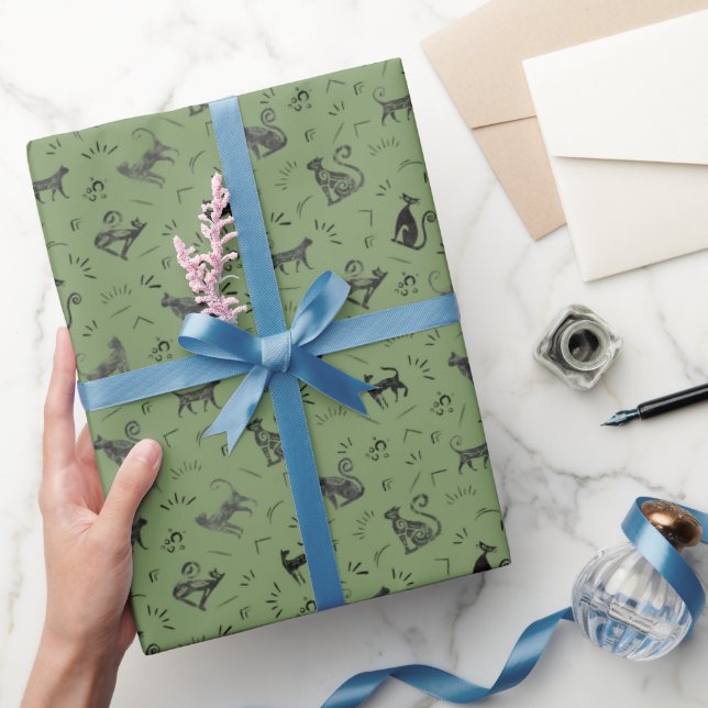 Papel De Presente Gatos de Arte Rupestre em Verde (Presentear)