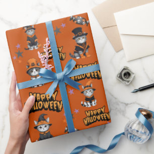 Papel De Presente Gatos de bruxa-de-laranja-festiva no disfarce do H